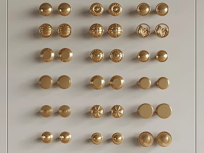 Various Styles of Gold Buttons Arranged in Pairs as Decorative Collection 3d model