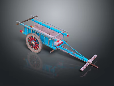 Vintage Blue Hand Cart With Red And White Spoke Wheel And Wooden Handle 3d model
