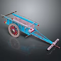 Vintage Blue Hand Cart With Red And White Spoke Wheel And Wooden Handle