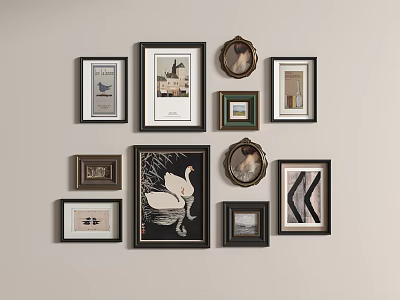 Diverse Framed Artworks On Wall With Various Sizes And Styles For Interior Decor 3d model
