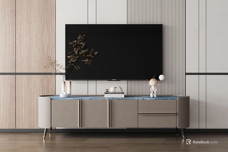 Modern Light Gray TV Stand with Drawers Cabinets and Decorative Items on Striped Wall 3d model 