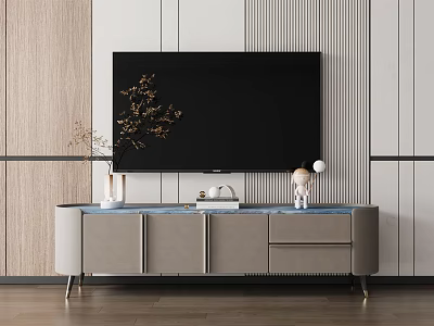 Modern Light Gray TV Stand with Drawers Cabinets and Decorative Items on Striped Wall 3d model