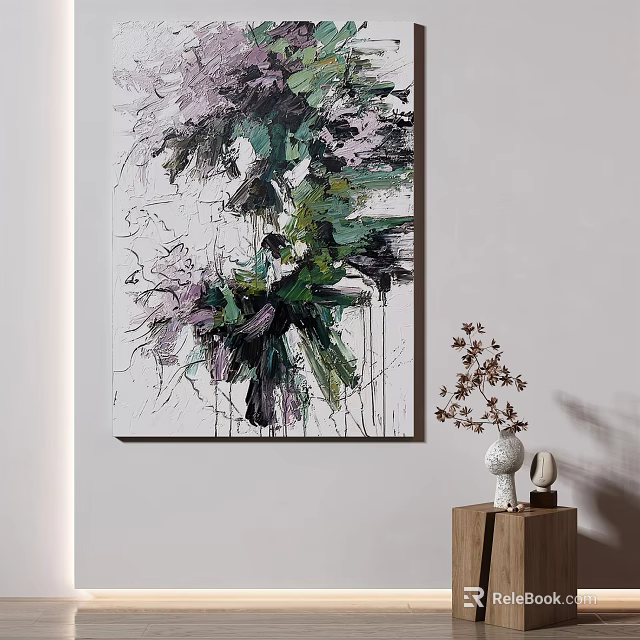 Abstract Painting In Purple Green White Hanging Near Wooden Cabinet With White Vase Dried Flowers 3d model 
