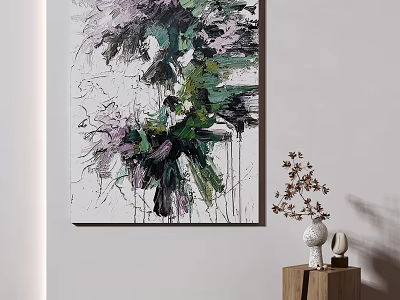 Abstract Painting In Purple Green White Hanging Near Wooden Cabinet With White Vase Dried Flowers 3d model