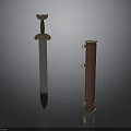 Ancient Weapon Sword With Metal Blade Golden Hilt And Red Leather Scabbard