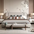 Elegant Modern Bedroom Interior Design With Floral Pattern Wall And Bedside Lamps 3d model