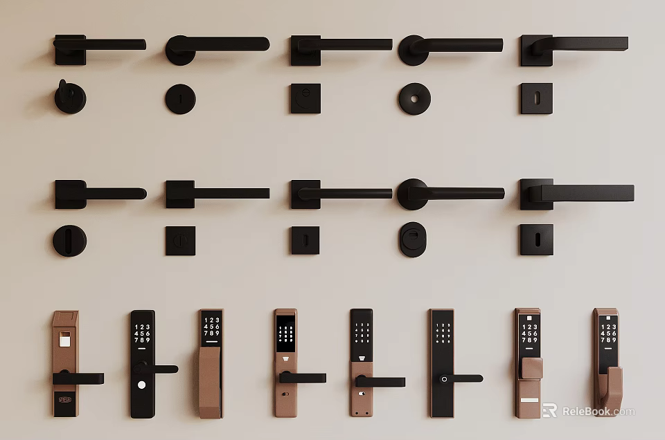 Various Stylish Door Handles In Black Brown With Smart Keypad Designs 3d model 