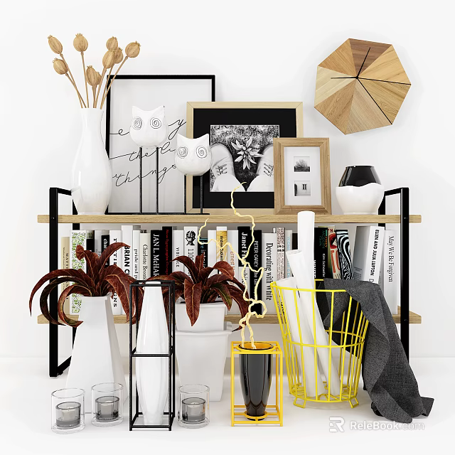 Modern Decorative Pieces Combination On Shelf With Vases Frames Plants Geometric Decor Books Yellow Basket 3d model 