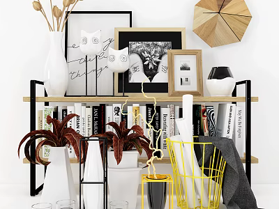 Modern Decorative Pieces Combination On Shelf With Vases Frames Plants Geometric Decor Books Yellow Basket 3d model