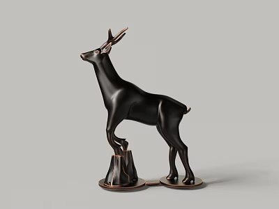Black Standing Deer Sculpture with Tree Stump Base and Bronze Edge Design 3d model
