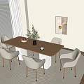 Modern Wooden Dining Table Set With White Chairs Green Plant And Fruit Bowl
