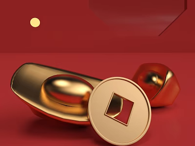 Shiny Golden Ingots And Ancient Coins On Red Background Decorative 3d model