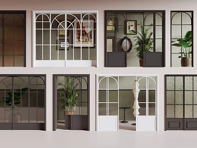 Various Designed Windows Doors In White Black Dark Brown With Decorative Plants Mirrors Paintings 3d model