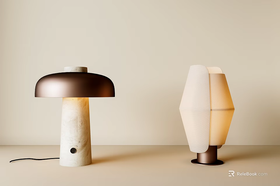 Modern Table Lamps With Mushroom Copper Shade Marble Base And Polygonal Fabric Shade Metal Base 3d model 