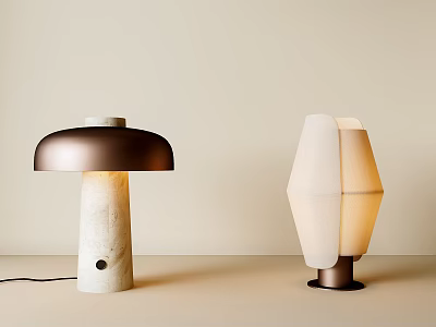 Modern Table Lamps With Mushroom Copper Shade Marble Base And Polygonal Fabric Shade Metal Base 3d model