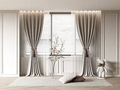 Elegant Gray Linen Curtains In Modern Interior With Window Blinds Vase Flowers And Teddy Bear 3d model
