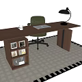 Desk With Green Leather Chair White Mug Open Notebook Black Lamp And Black White Rug