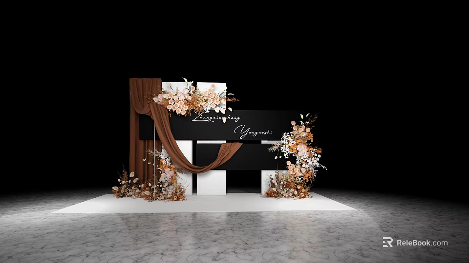 Elegant Wedding Decoration With Black Backdrop Brown Drapery And Floral Arrangements On Marble Floor 3d model 