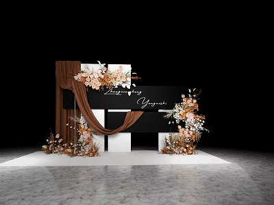 Elegant Wedding Decoration With Black Backdrop Brown Drapery And Floral Arrangements On Marble Floor 3d model
