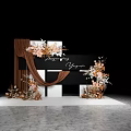 Elegant Wedding Decoration With Black Backdrop Brown Drapery And Floral Arrangements On Marble Floor
