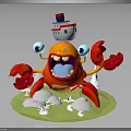 Cartoon Red Crab With Small Ship House On Back And White Clouds Around Green Base