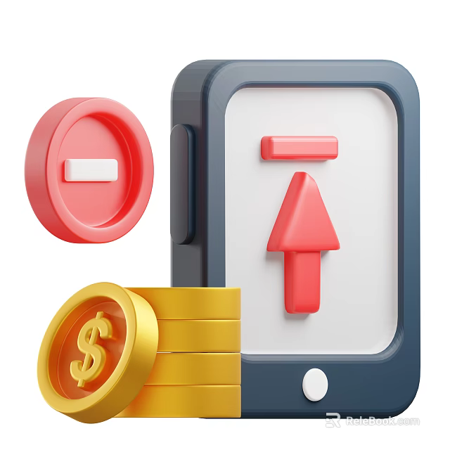 Smartphone Screen Showing Red Upward Arrow Gold Dollar Coins And Prohibition Sign 3d model 