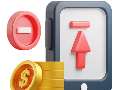 Smartphone Screen Showing Red Upward Arrow Gold Dollar Coins And Prohibition Sign 3d model