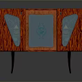Red Wood Grain Cabinet With Transparent Panel Blue Pattern Side Decorations And Slender Legs