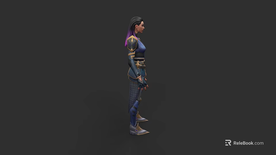 Game Movie Character 3D Model With Purple Hair Blue Outfit Gold Mechanical Details 3d model 