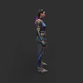 Game Movie Character 3D Model With Purple Hair Blue Outfit Gold Mechanical Details