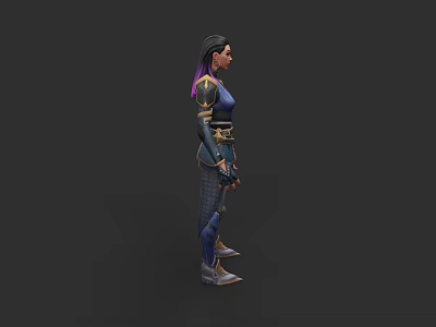 Game Movie Character 3D Model With Purple Hair Blue Outfit Gold Mechanical Details 3d model