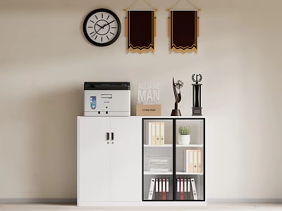 White Office File Cabinet With Printer Trophies Folders Small Plant And Wall Clock Banners 3d model