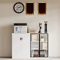 White Office File Cabinet With Printer Trophies Folders Small Plant And Wall Clock Banners