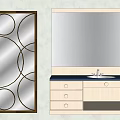 Decorative Mirror With Circular Pattern Frame And Bathroom Vanity Sink With Drawers