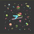 Vibrant 3D Cartoon Scene With Floating Green Character Stars Planets House Cake And Objects