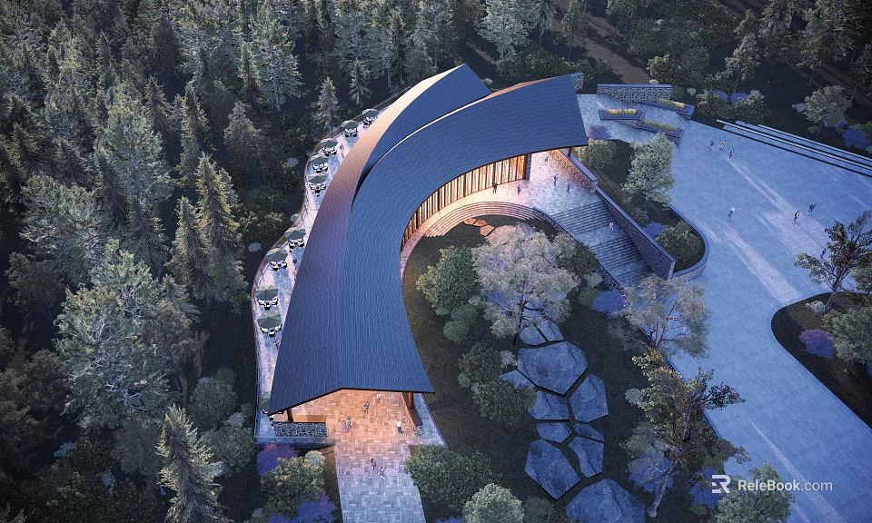 Scenic Visitor Center Surrounded by Forest Trees With Curved Roof and Illuminated Pathways 3d model 
