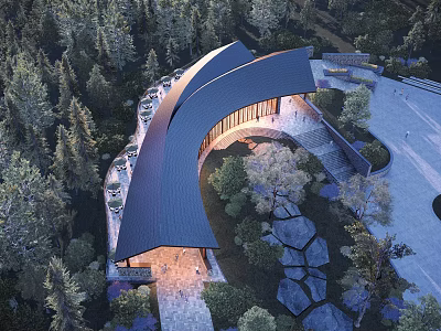 Scenic Visitor Center Surrounded by Forest Trees With Curved Roof and Illuminated Pathways 3d model