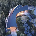 Scenic Visitor Center Surrounded by Forest Trees With Curved Roof and Illuminated Pathways