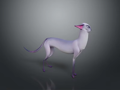 3D Model Light Purple Cat With Pink Ears Standing On Dark Reflective Background 3d model