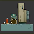 Vintage Computer Setup With Monitor Keyboard Printer And Soda Bottle On Blue Platform