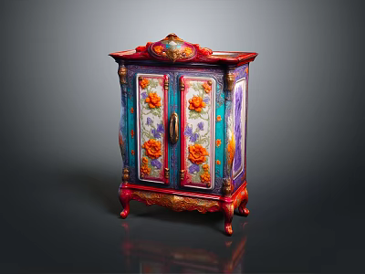 Colorful Hexagonal Cabinet With Painted Floral Art And Ornate Carved Legs 3d model