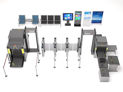 Public Facility Security Check Area With Turnstiles Seating And Information Screens 3d model