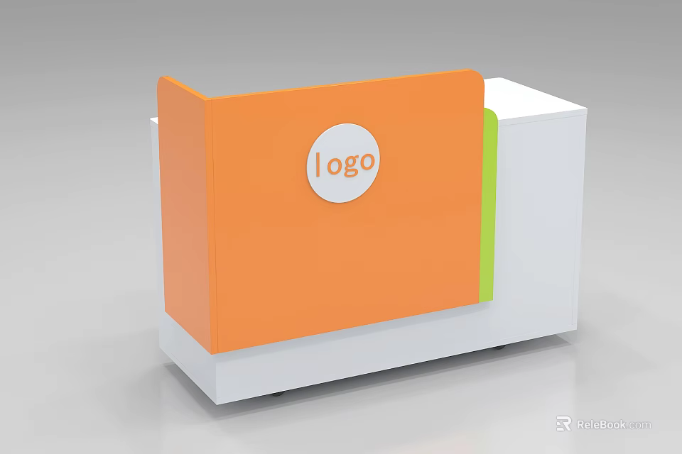 School Reception Desk Design With Orange White Green Panels And Logo 3d model