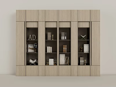 Modern Wooden Storage Shelf With Compartments Holding Books And Decorative Items 3d model