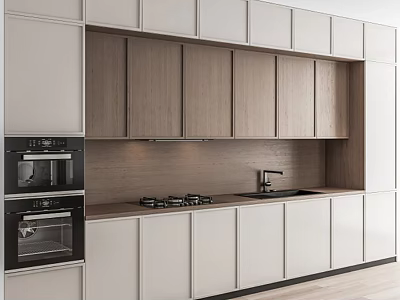 Modern Kitchen Interior With Light Wood And White Cabinets And Built In Oven 3d model