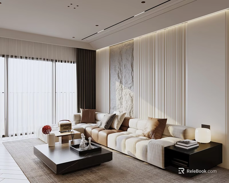 Modern Living Dining Room Interior Design with Large Windows Sofa Pillows Coffee Table and Textured Wall 3d model 
