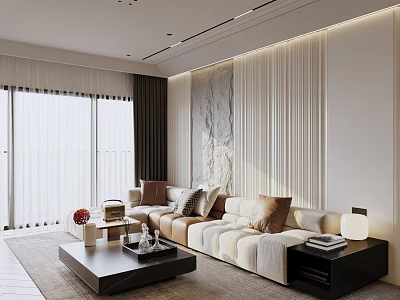 Modern Living Dining Room Interior Design with Large Windows Sofa Pillows Coffee Table and Textured Wall 3d model