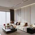 Modern Living Dining Room Interior Design with Large Windows Sofa Pillows Coffee Table and Textured Wall
