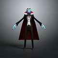 Game Movie Character With Blue Skin Yellow Eyes Red Vampire Cape And Black Suit