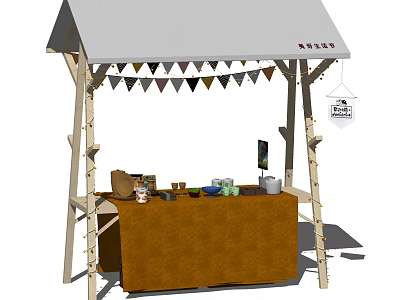 Wooden Street Stall With White Canopy Triangular Bunting Cups And Green Items 3d model